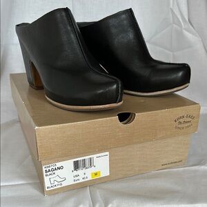 Kork-Ease Black Leather Mules with Wooden Heel